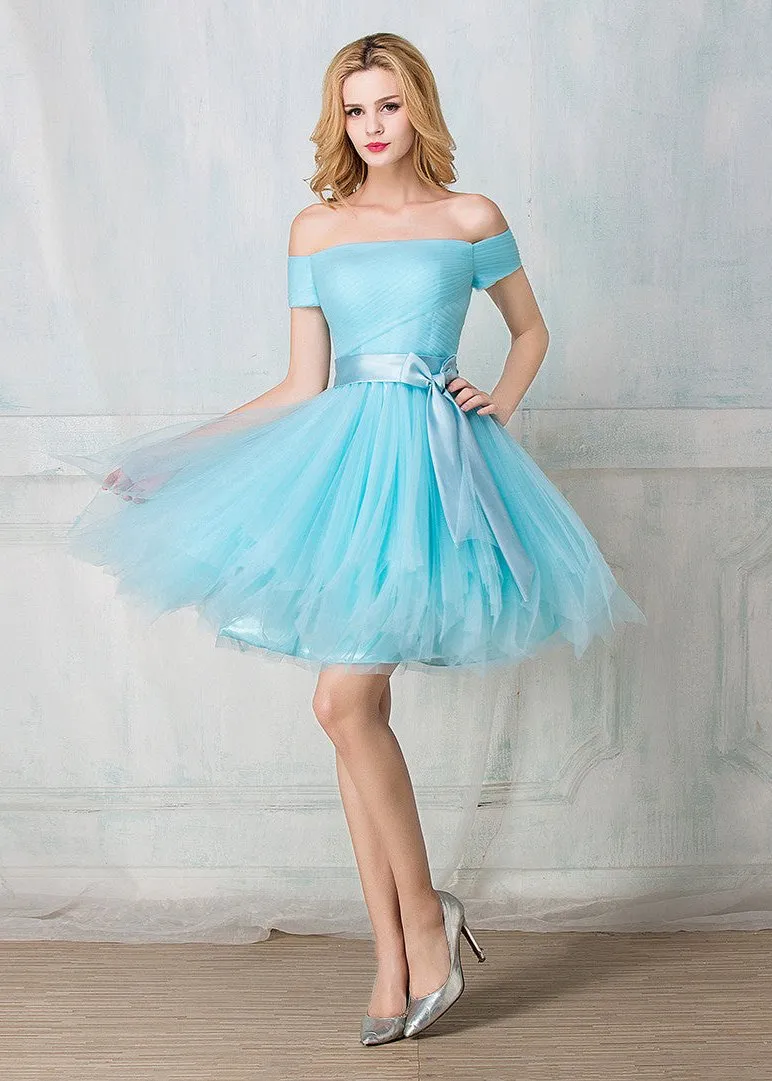 Off-shoulder knee-length tulle short prom dress