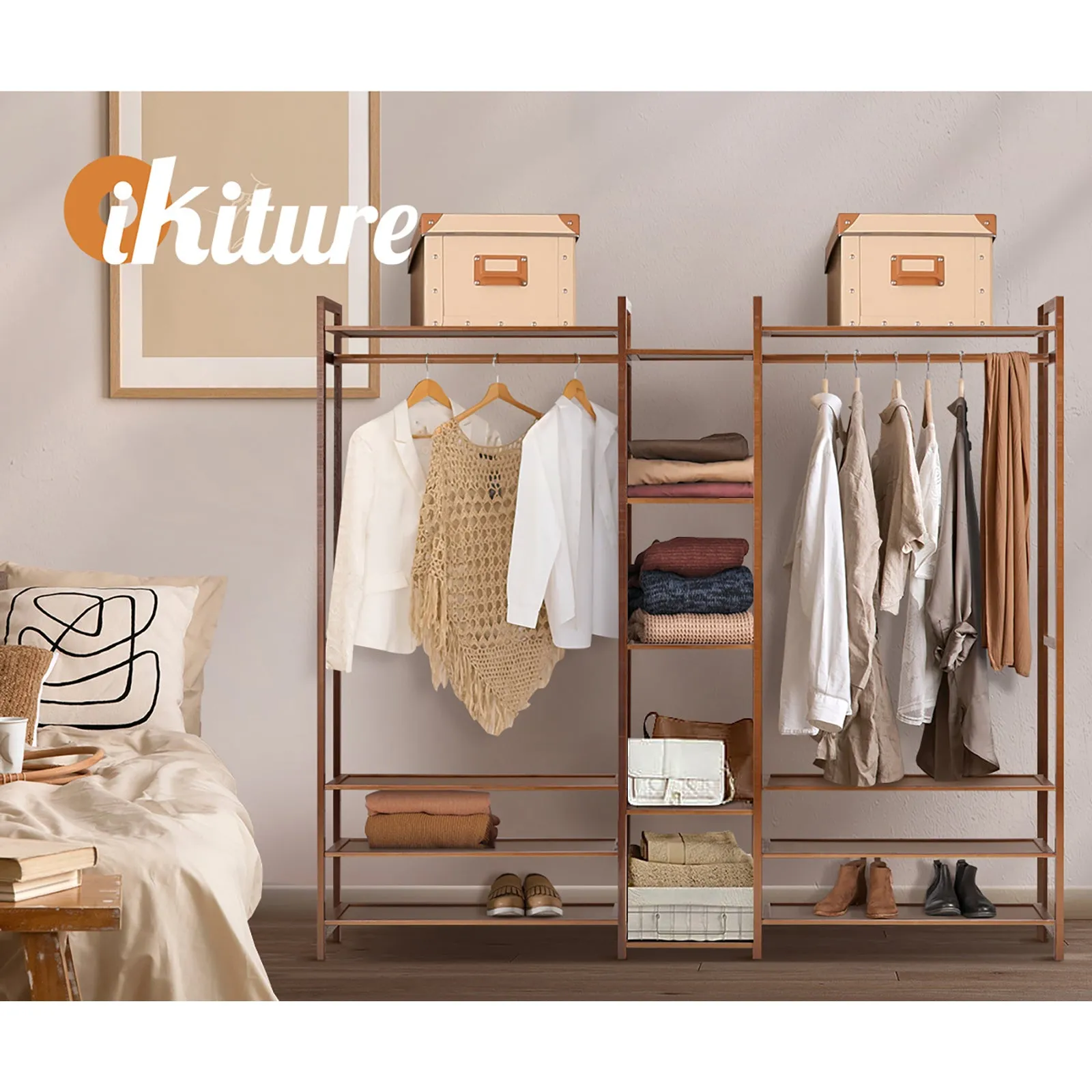 Oikiture Clothes Rack Open Wardrobe Garment Coat Hanging Rail Bamboo 13 Shelves