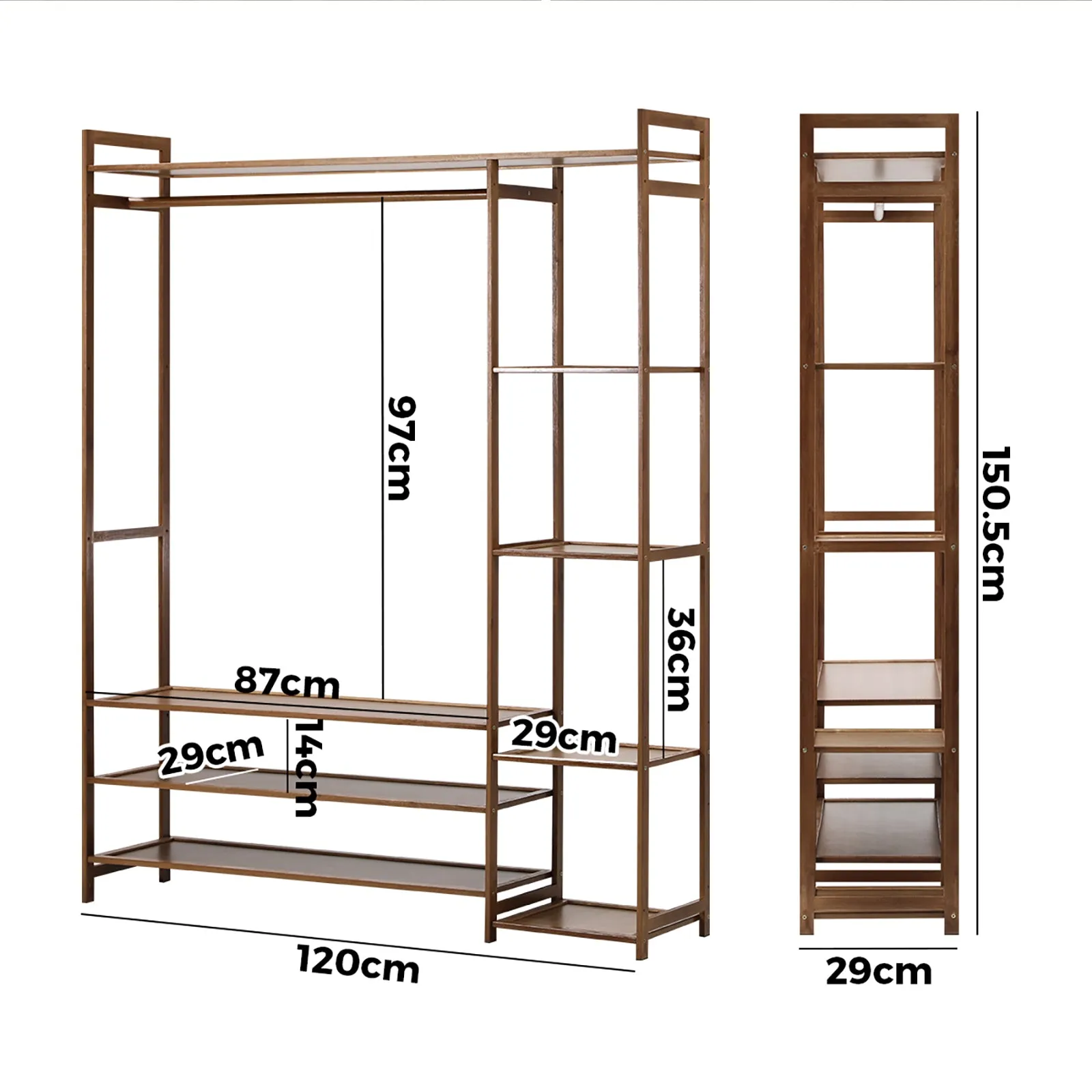 Oikiture Clothes Rack Open Wardrobe Garment Coat Hanging Rail Bamboo 8 Shelves