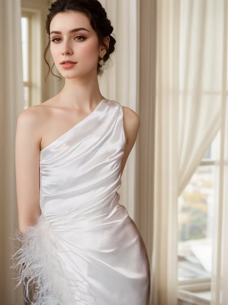 One shoulder Pleated bodice side slit silky satin prom dress Ostrich feather wedding dress