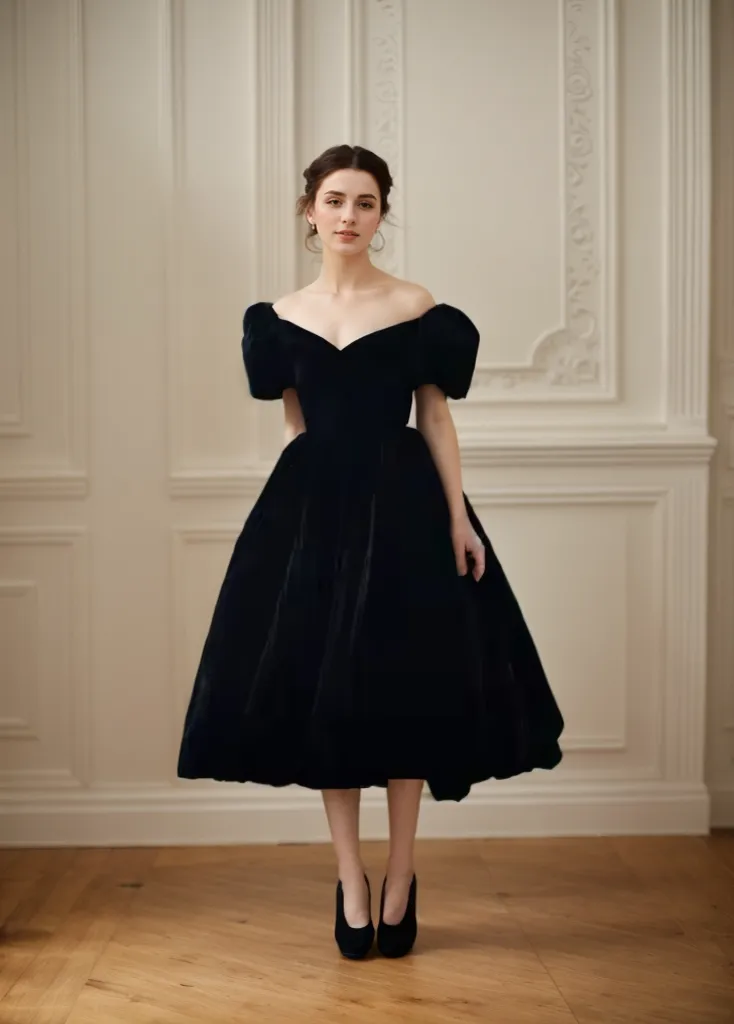 Puffed Off-the-shoulder sleeves Ball gown tea length Velvet Dress