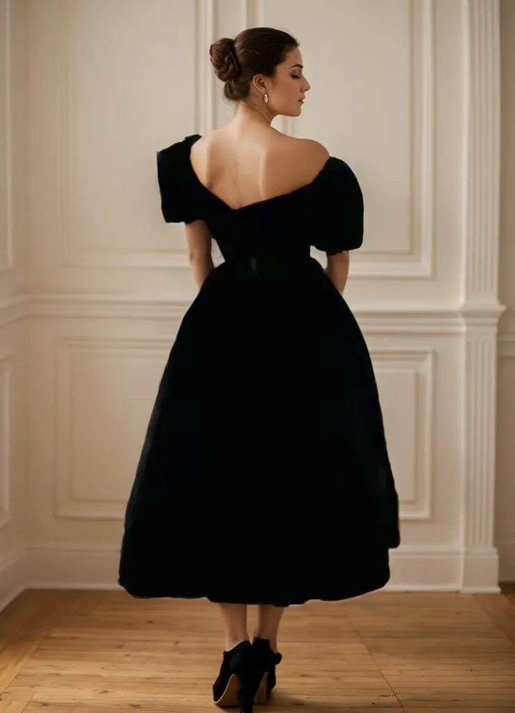 Puffed Off-the-shoulder sleeves Ball gown tea length Velvet Dress