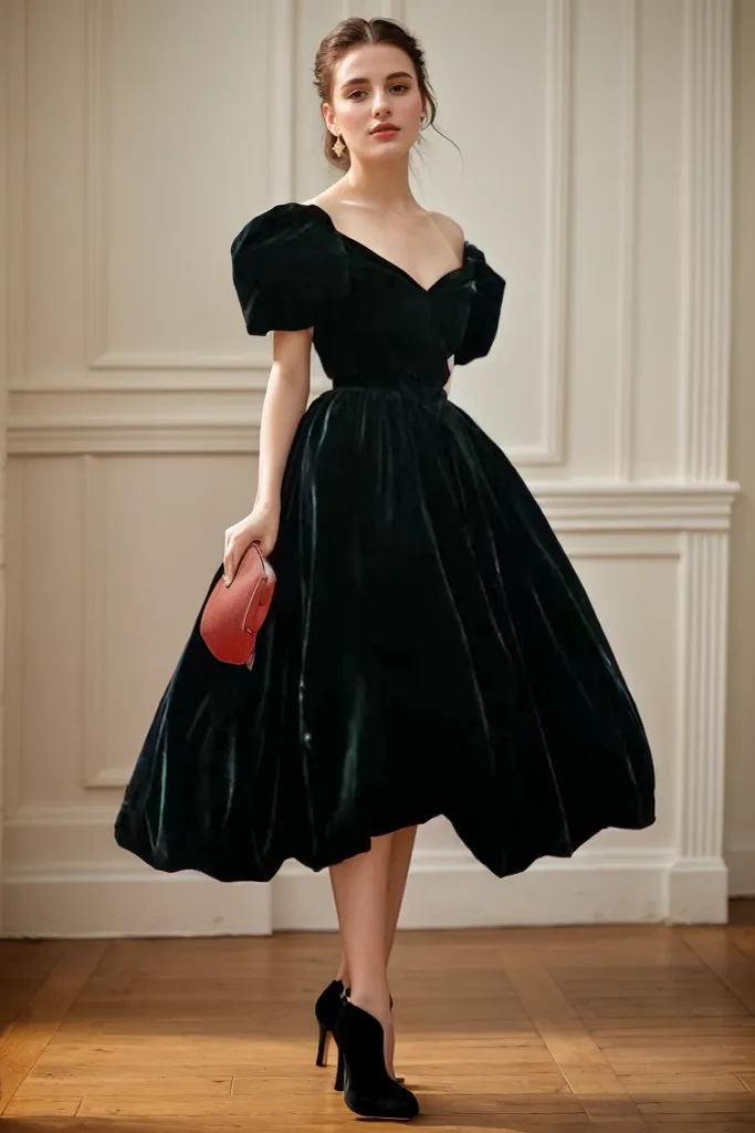 Puffed Off-the-shoulder sleeves Ball gown tea length Velvet Dress