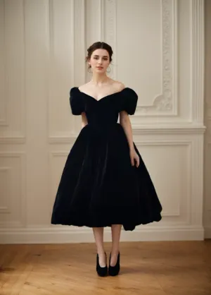 Puffed Off-the-shoulder sleeves Ball gown tea length Velvet Dress