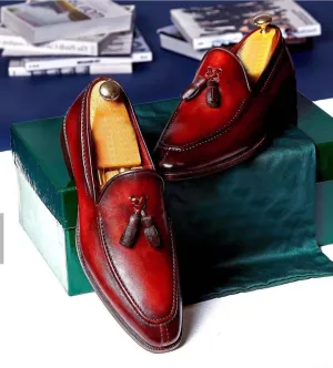 Red Leather Casual Tussles Loafers Men's Shoes