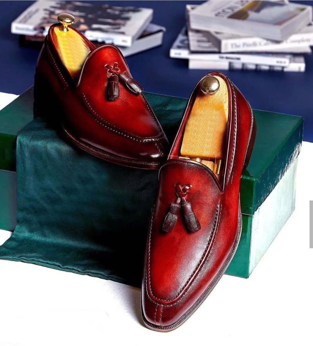 Red Leather Casual Tussles Loafers Men's Shoes