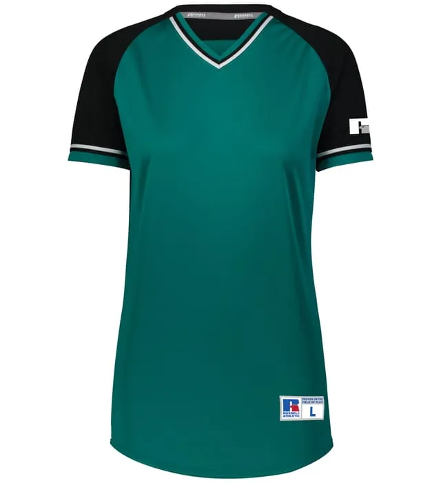 Russell Aqua/Black/White Ladies Classic V-Neck Softball Jersey