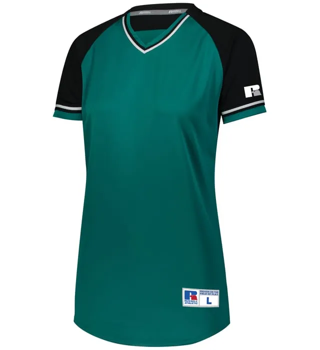 Russell Aqua/Black/White Ladies Classic V-Neck Softball Jersey