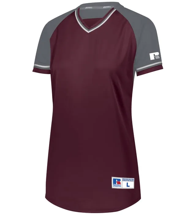 Russell Maroon/Steel/White Ladies Classic V-Neck Softball Jersey