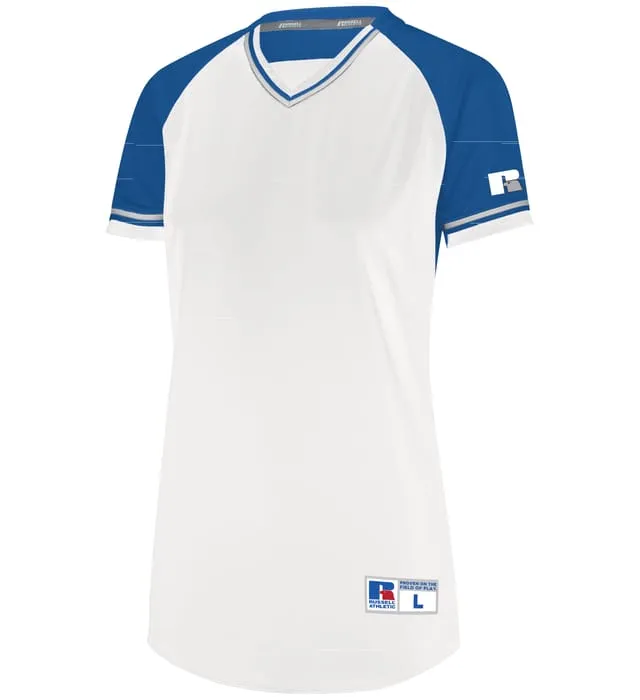 Russell White/Royal Blue/White Ladies Classic V-Neck Softball Jersey