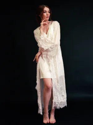 Sexy soft silky chiffon trimmed lace long unique Lingerie Robe with night gown