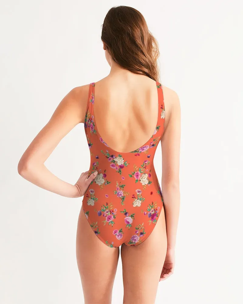 SMF Orange Floating Bouquet Feminine One-Piece Swimsuit