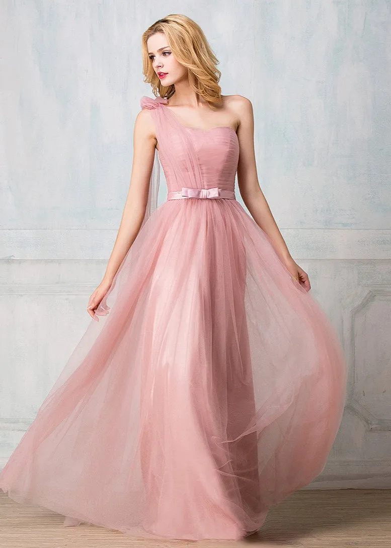 Sweetheart one-shoulder floor-length tulle long prom dress