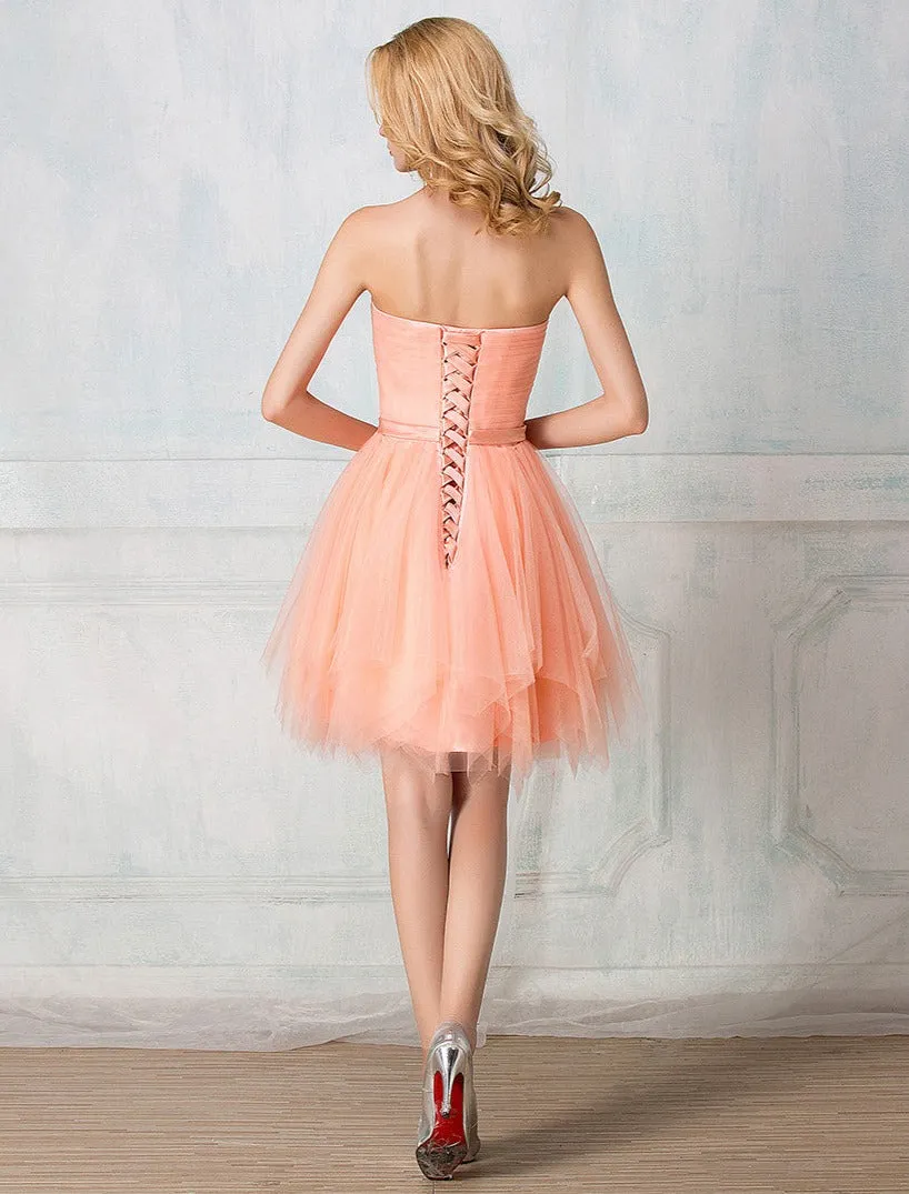 Sweetheart twisted wrinkle knee-length tulle short prom dress