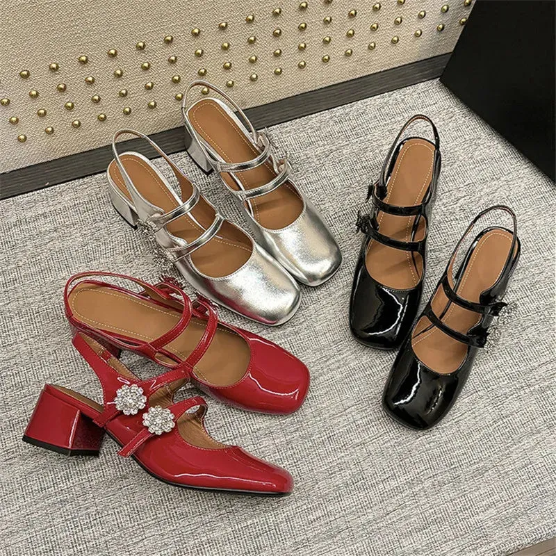 TAVIMART  -  New Summer Sandals Split Leather Square Toe Sandals Women Chunky Heel Mary Jane Shoes for Women Zapatos Mujer Rhinestone Sandals