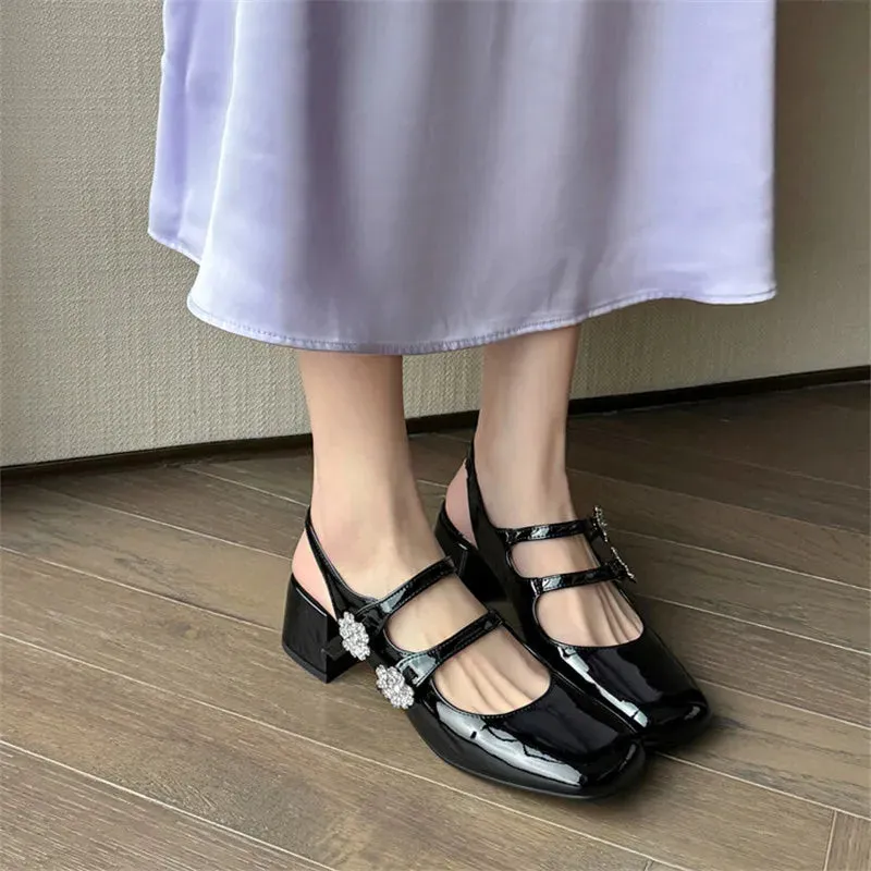 TAVIMART  -  New Summer Sandals Split Leather Square Toe Sandals Women Chunky Heel Mary Jane Shoes for Women Zapatos Mujer Rhinestone Sandals