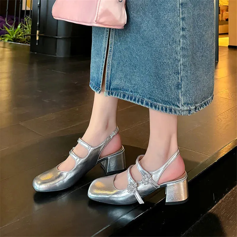 TAVIMART  -  New Summer Sandals Split Leather Square Toe Sandals Women Chunky Heel Mary Jane Shoes for Women Zapatos Mujer Rhinestone Sandals