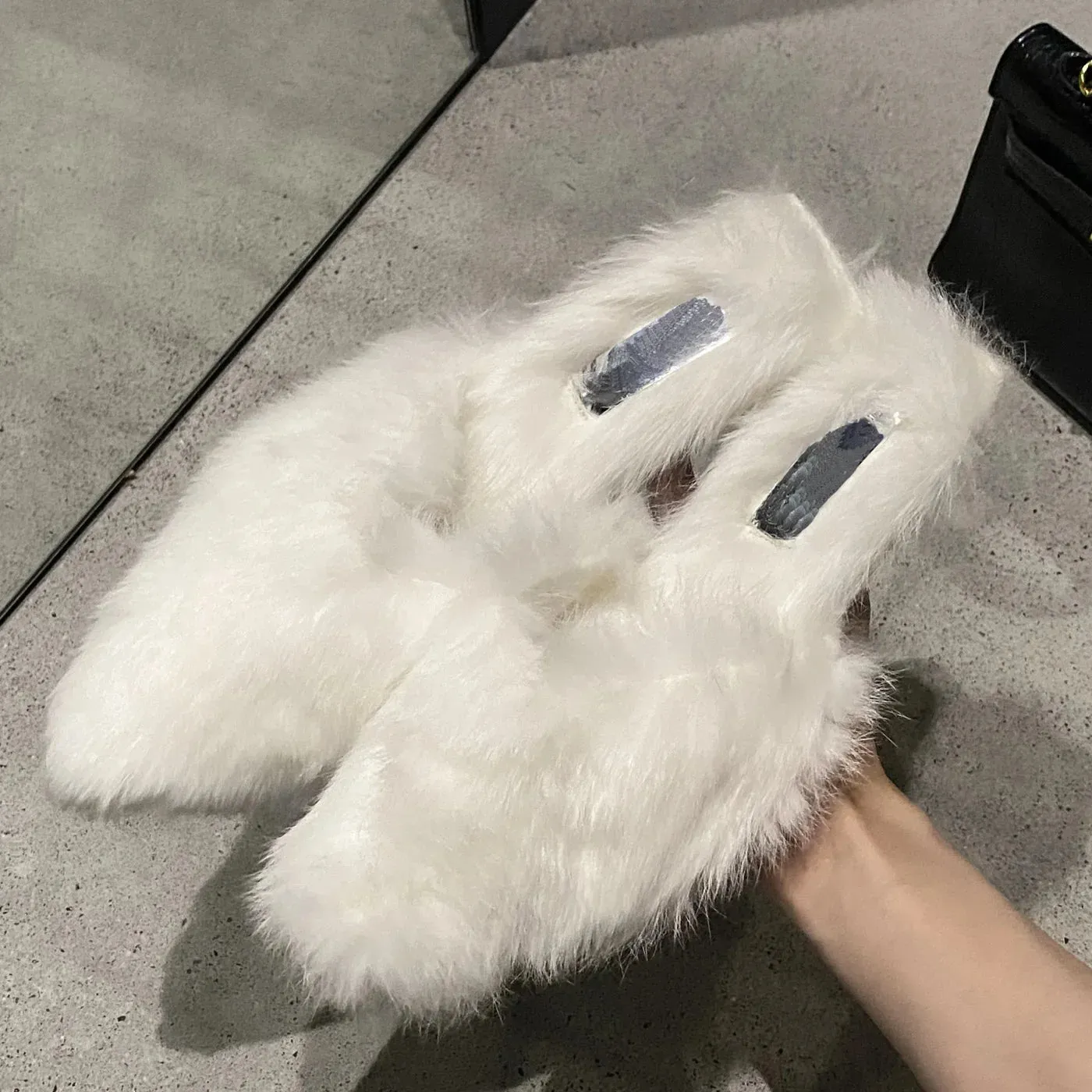 TAVIMART  -  Street Style Thin Low Heels Pointed Toe Women Slippers Designer Faux Fur Stripper Banquet Slip-On Mules Femme Shoes