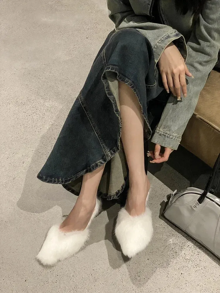 TAVIMART  -  Street Style Thin Low Heels Pointed Toe Women Slippers Designer Faux Fur Stripper Banquet Slip-On Mules Femme Shoes