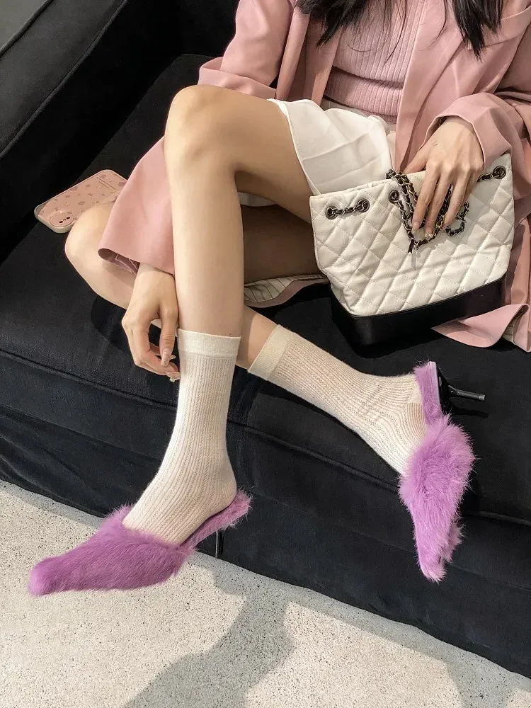 TAVIMART  -  Street Style Thin Low Heels Pointed Toe Women Slippers Designer Faux Fur Stripper Banquet Slip-On Mules Femme Shoes