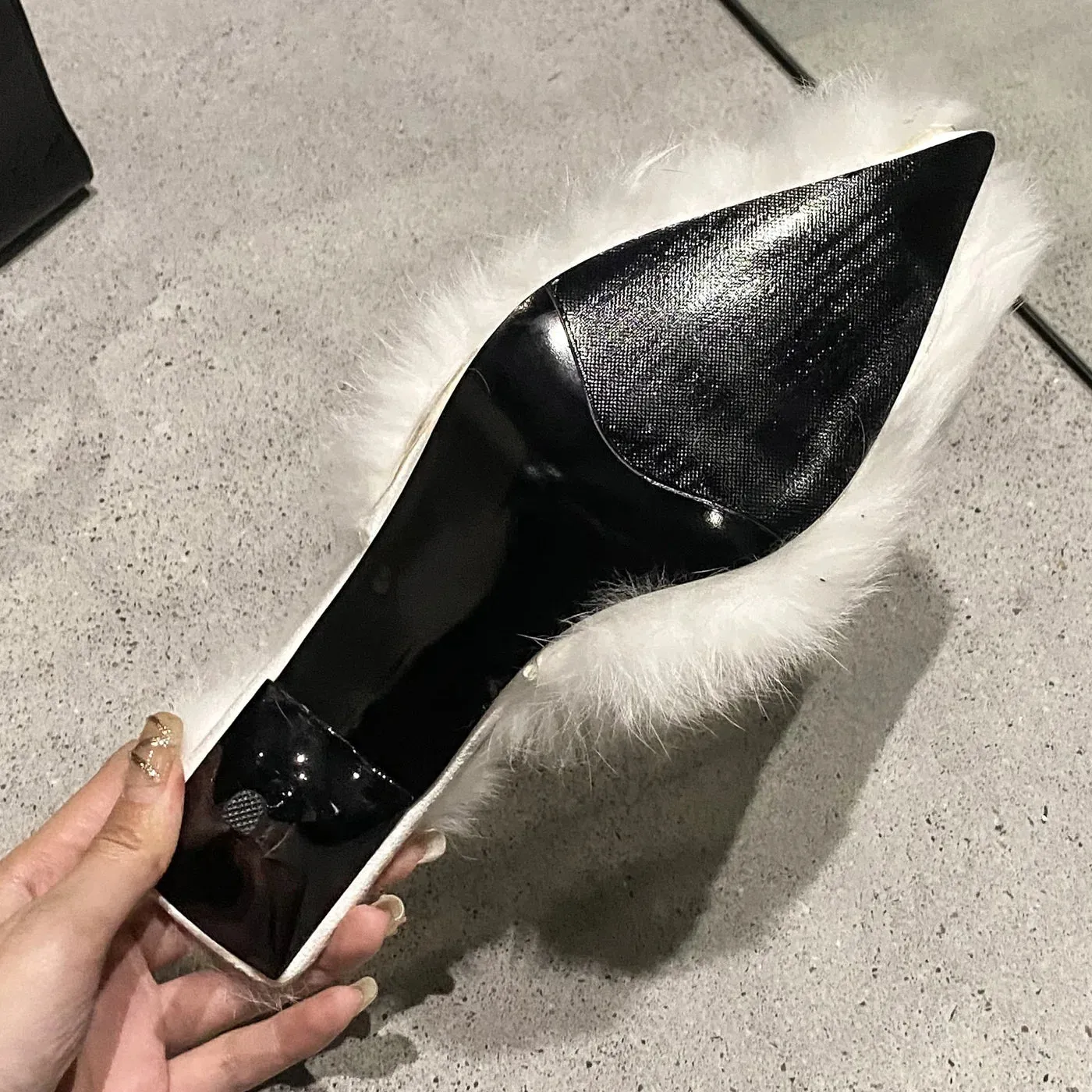 TAVIMART  -  Street Style Thin Low Heels Pointed Toe Women Slippers Designer Faux Fur Stripper Banquet Slip-On Mules Femme Shoes