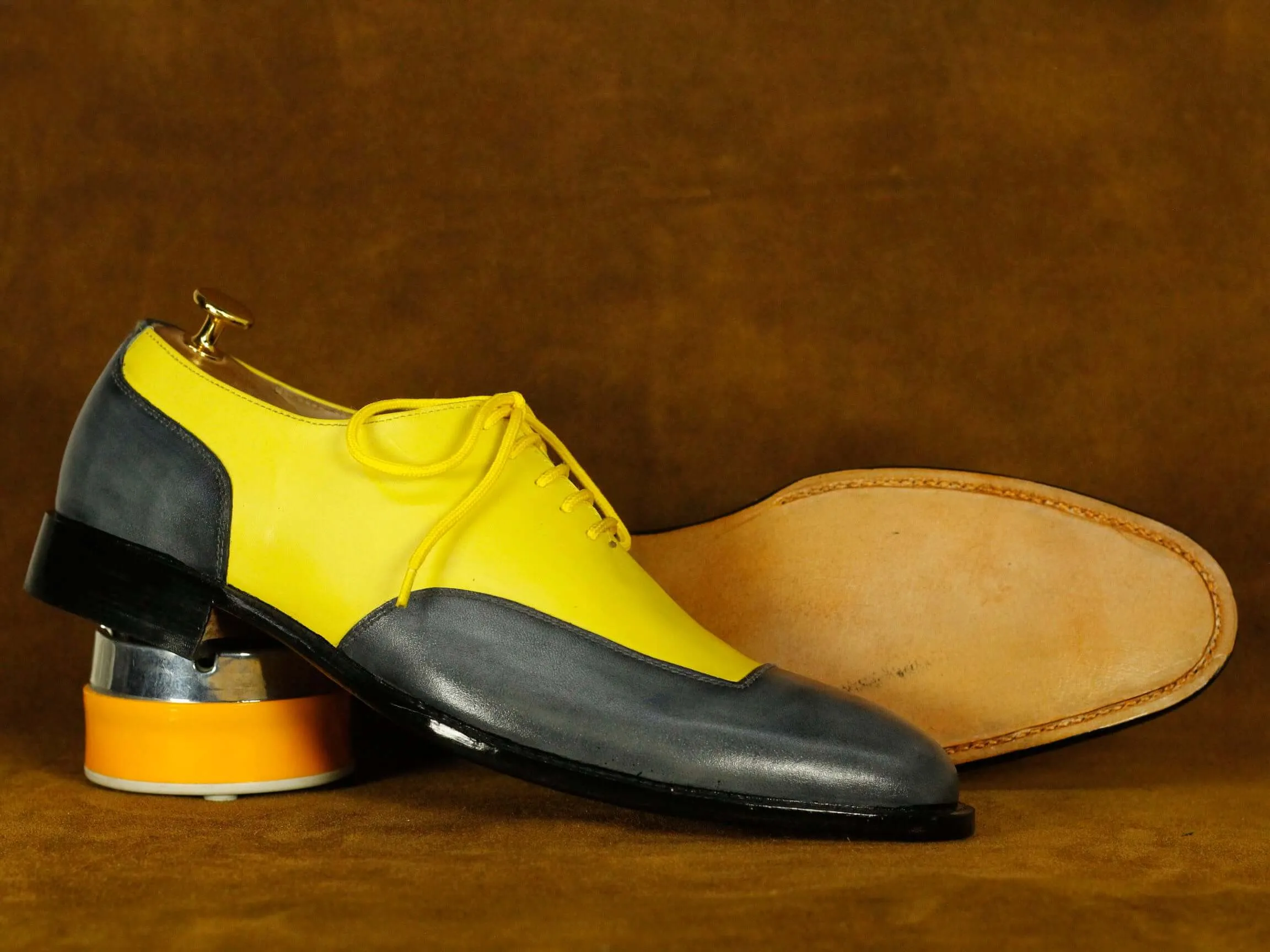 Two Tone Gray Yellow Leather Lace Up Shoes For Men's