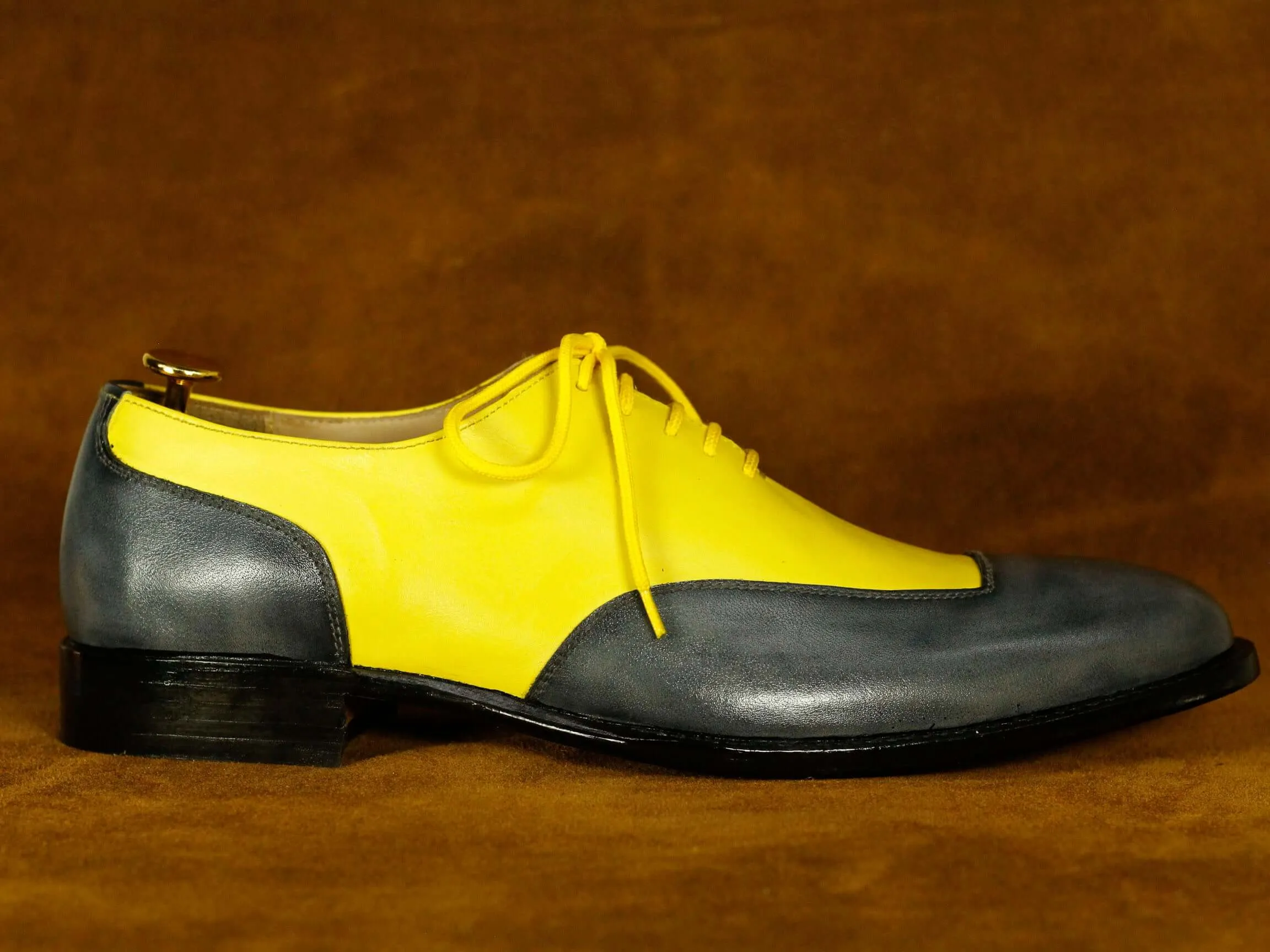 Two Tone Gray Yellow Leather Lace Up Shoes For Men's