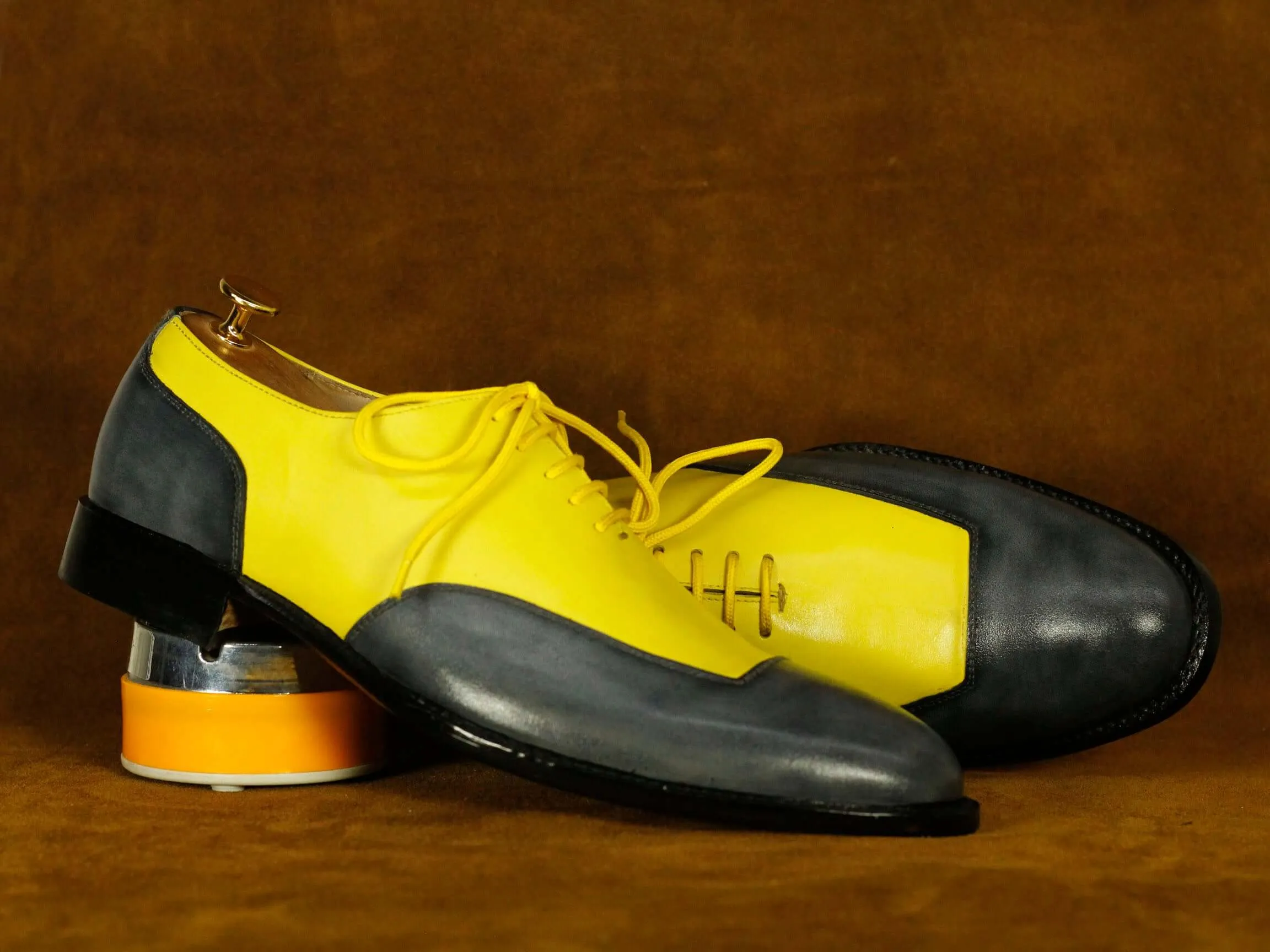 Two Tone Gray Yellow Leather Lace Up Shoes For Men's