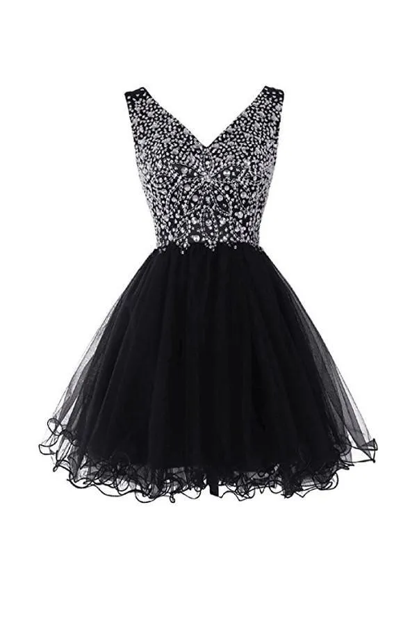 V-Neck Graduation Homecoming Dresses Beaded Tulle PG044