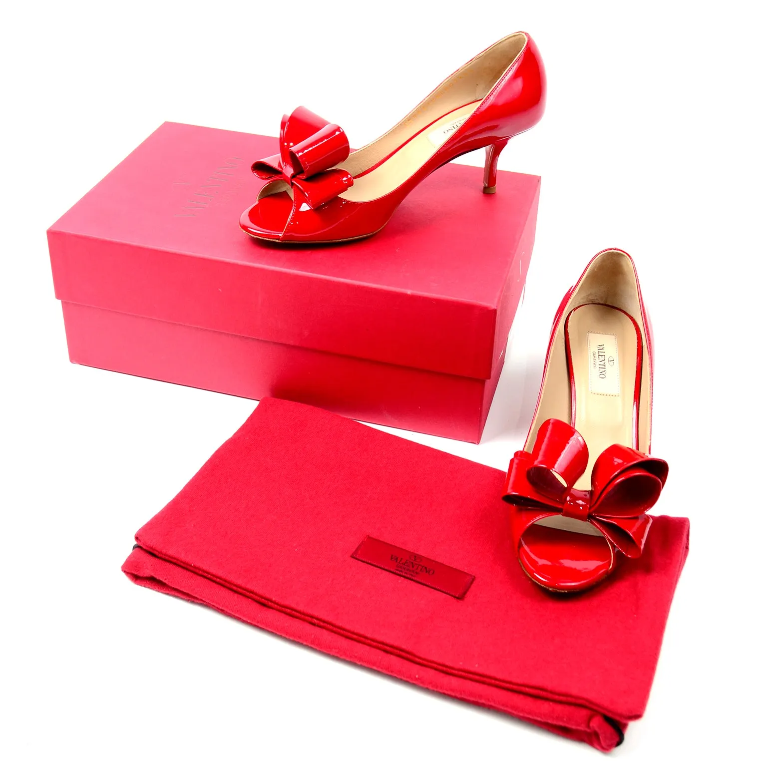 Valentino Red Patent Leather Bow Pumps Shoes W/ Heels