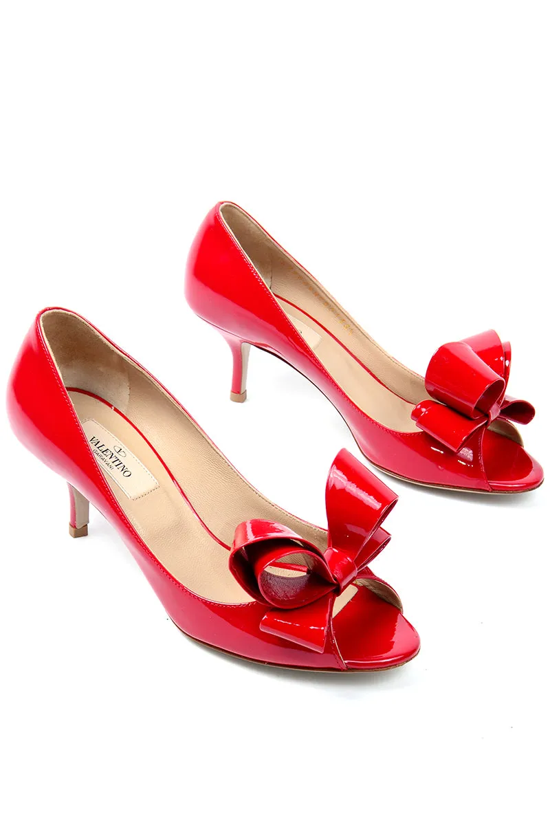 Valentino Red Patent Leather Bow Pumps Shoes W/ Heels