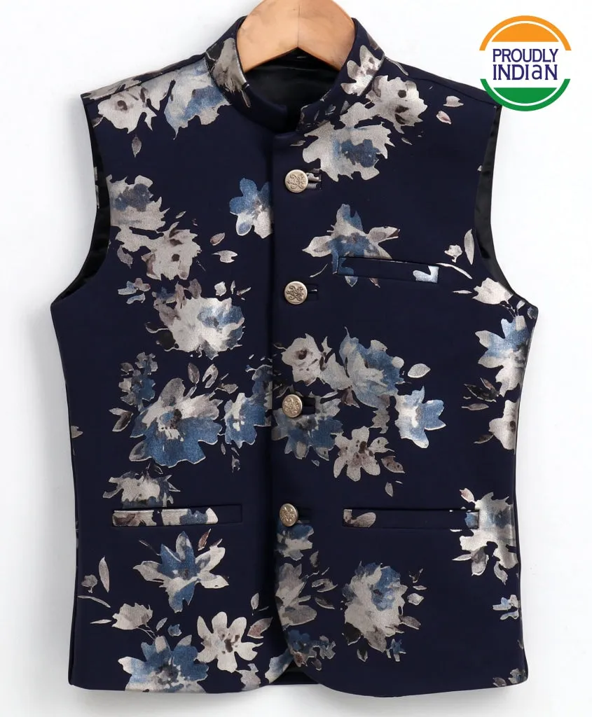 VASTRAMAY Boy's Digital Foil Printed Navy Blue Nehru Jacket