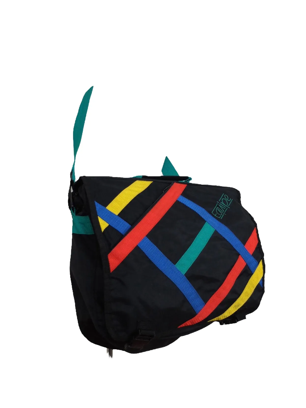 Vintage 80s Streetwear Bright Black & Multicoloured Athletic Sports Crossbody Messenger Bag