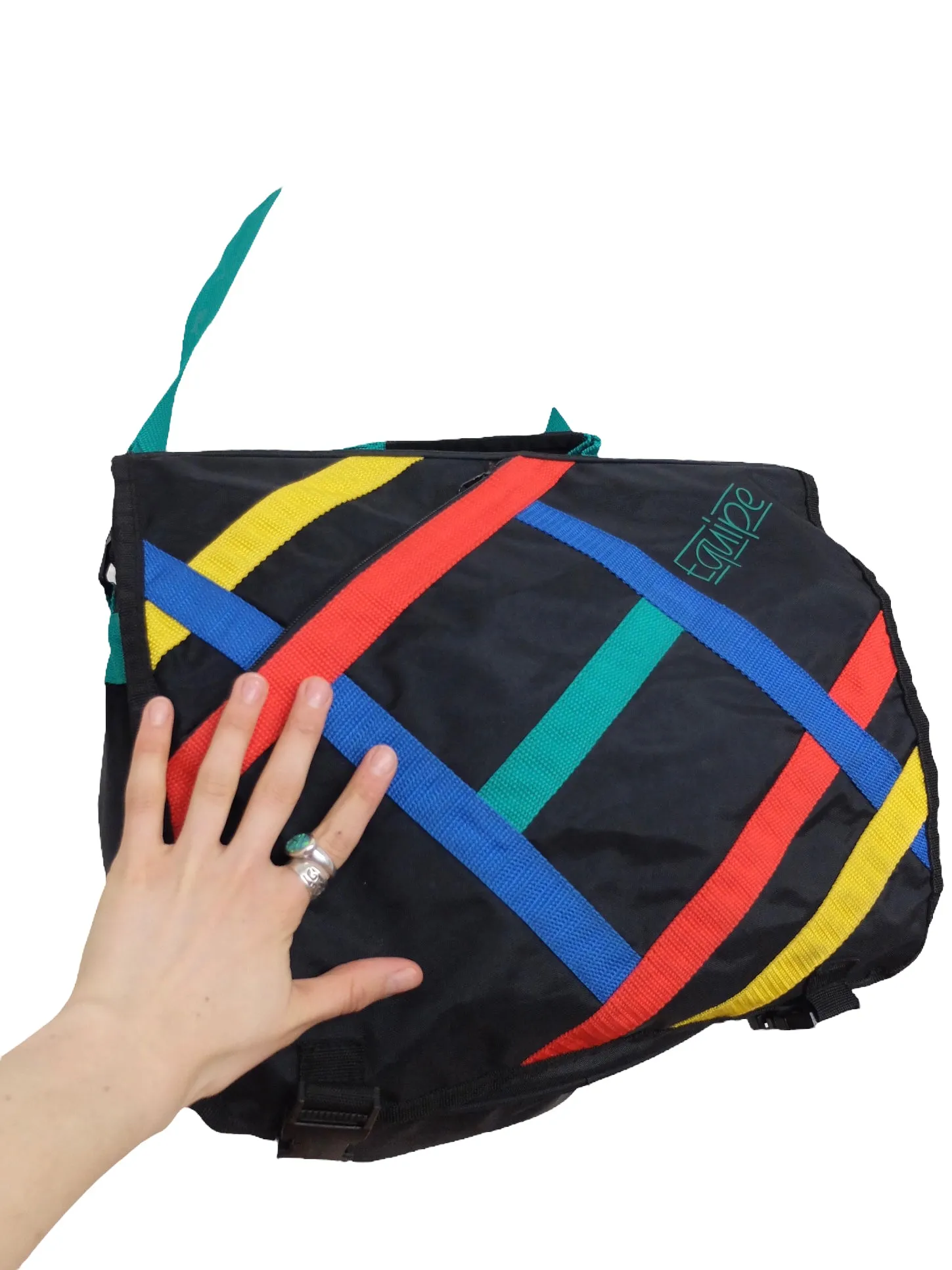 Vintage 80s Streetwear Bright Black & Multicoloured Athletic Sports Crossbody Messenger Bag