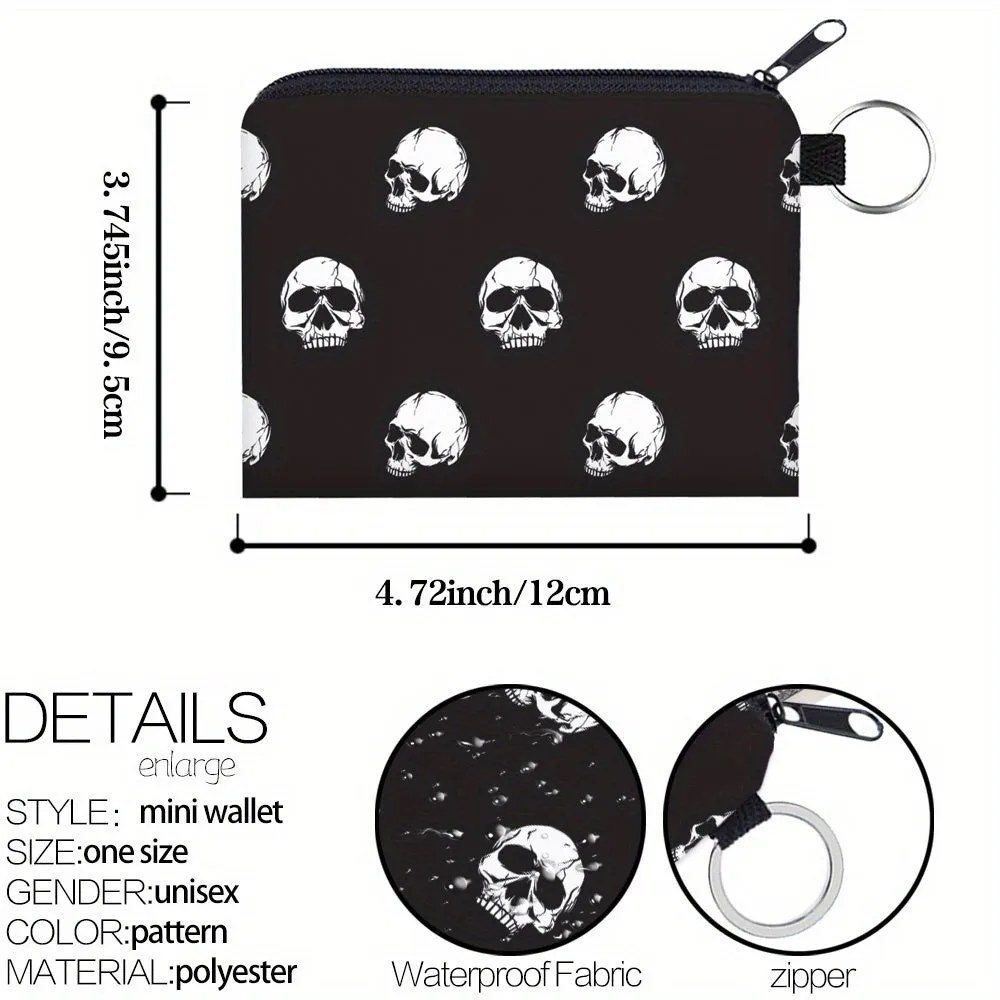 Women's Portable Coin Purse, Digital Printing Skull Pattern Coin Pouch, Multifunctional Key Card Bag Coin Bag Earphone Bag Holiday Gift