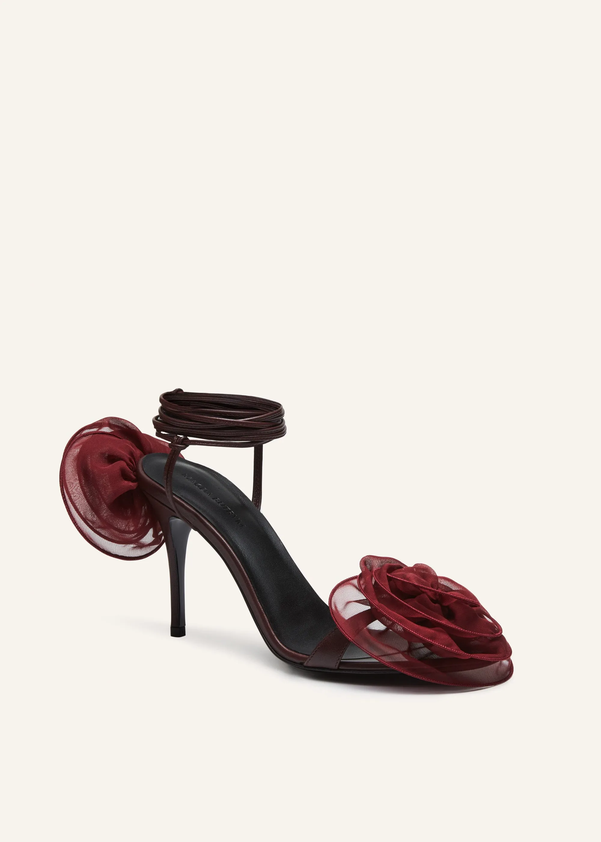 Wrap around double flower sandals in burgundy